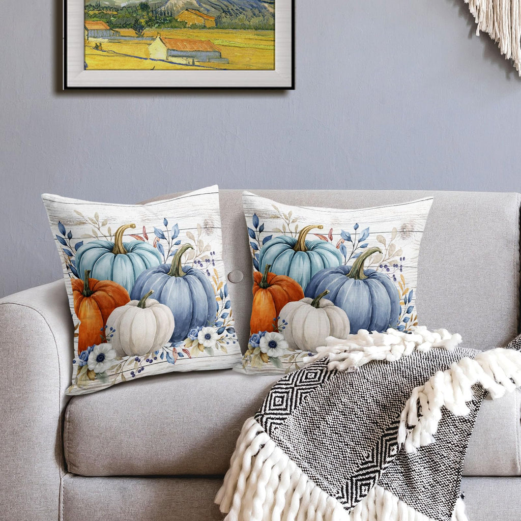 Fall Pumpkin Floral Throw Pillow Covers 20x20 Inch Blue Teal Orange Pumpkins Leaf Decorative Pillow Covers Pack of 2