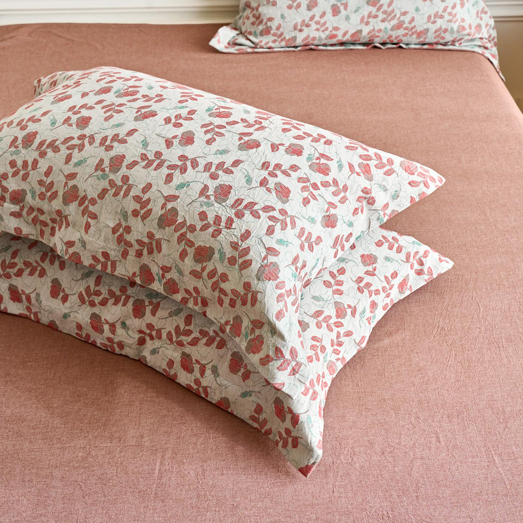 100% Washed Cotton Duvet Cover Set Vintage Red Floral Jacquard Texture Comforter Cover with 2 Pillowcases Boho