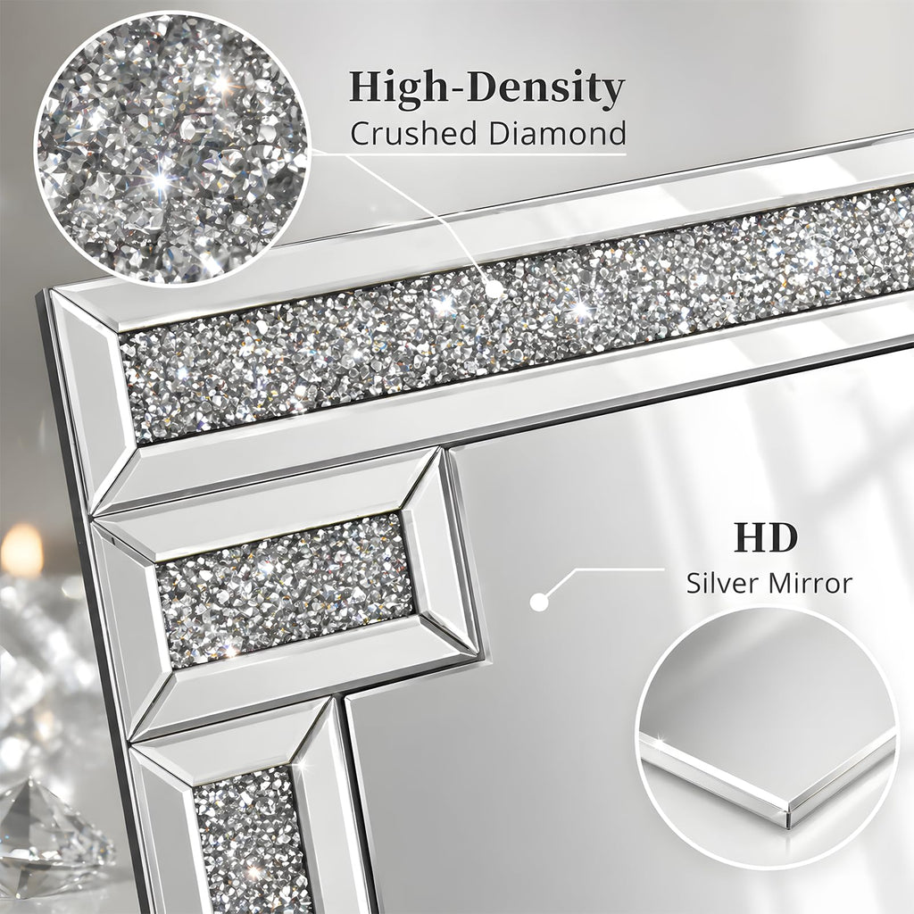 Crushed Diamond Rectangular Wall Mirror 32"x48", Bling Rhinestone Mirror Art Deco Silver, Hand-Inlaid Crystals for