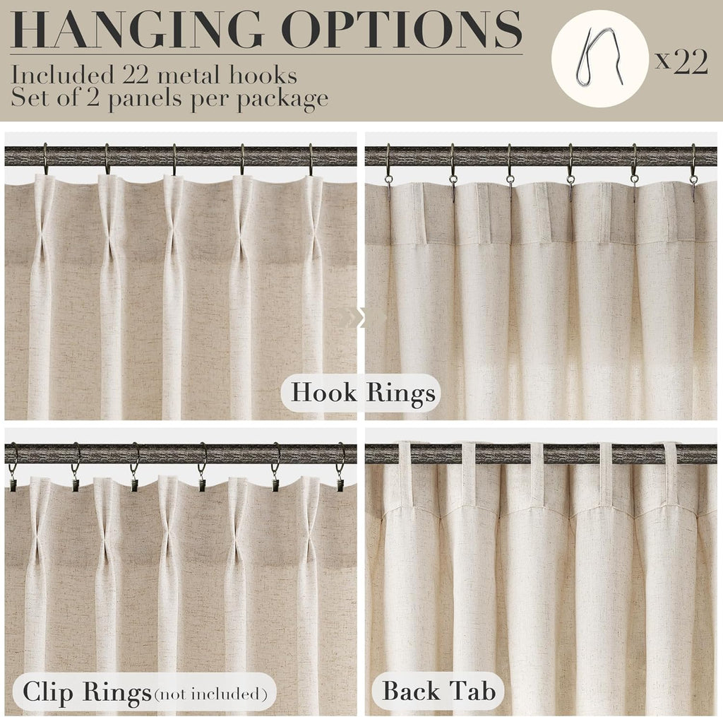 96 Inch Pinch Pleated Linen Curtains 2 Panel Set Light Filtering Privacy Window Curtains for Living Room Bedroom