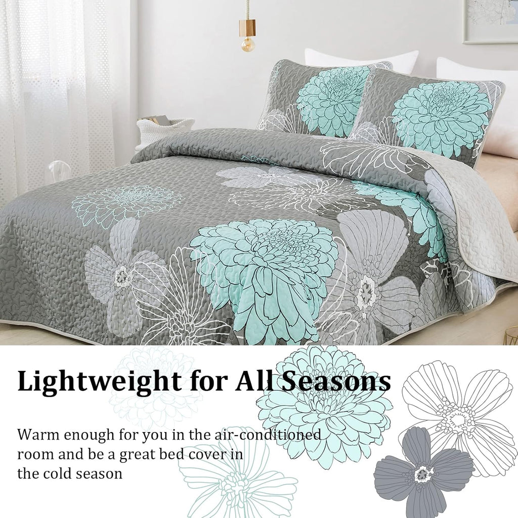 Green Floral Queen Quilt Set - 3 Pieces Boho Flower Quilt Coverlet Elegant Bohemian Bedspread with 2 Pillowcases Soft