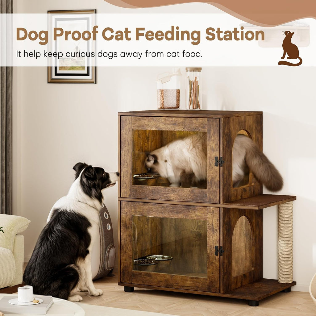 Double Dog Proof Cat Feeding Station, Wood Dog Proof Cat Feeder, Walnut