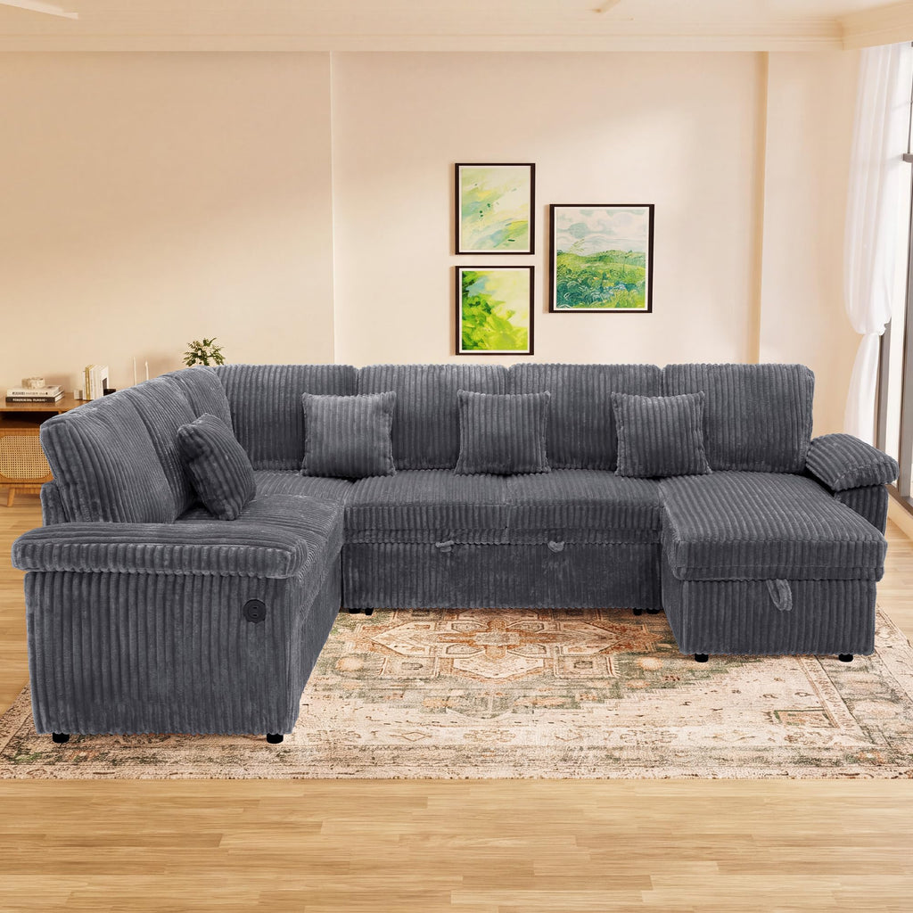 Modular Sectional Sleeper Sofa with Pull Out Bed, 104" U Shaped 7 Seat Cloud Sectional Couches, Comfy Corduroy Couch