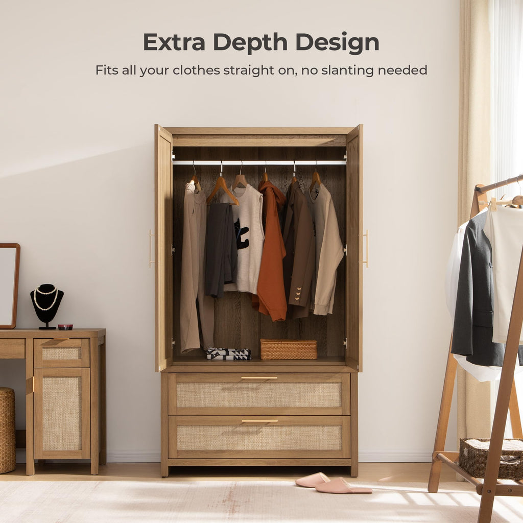 Rattan Armoire Wardrobe Closet, 71 inch Boho Wardrobe with Drawers