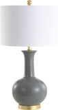 27" Gray/Brass Ceramic Table Lamp Bedroom, Modern Transitional Nightstand Lamp with White Linen Drum Shade