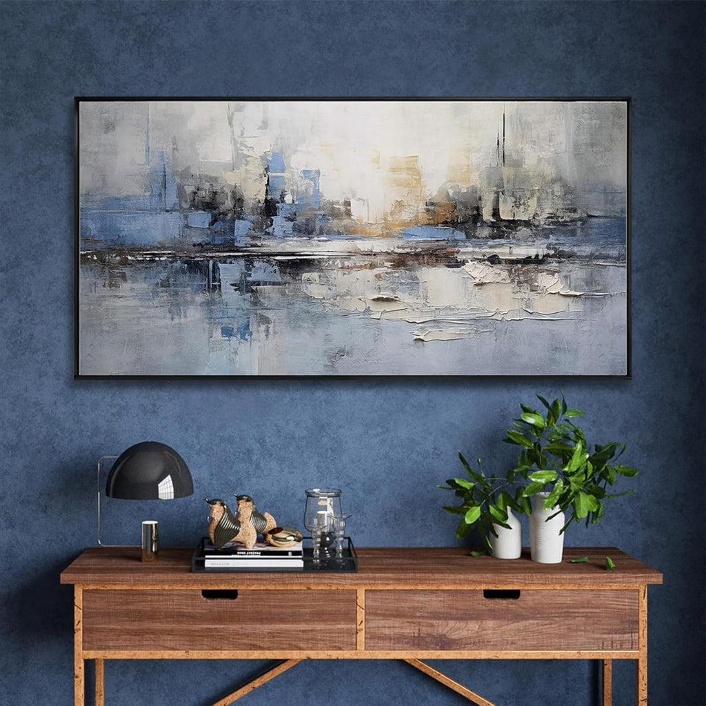Abstract Wall Art Blue and White Reflection Large Size Framed Artwork Wall Decor Canvas Painting Stretched Canvas