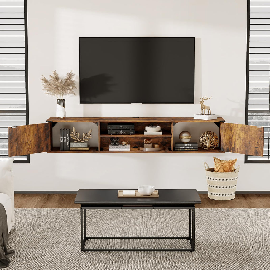63" Farmhouse Floating TV Stand with Doors for TVs up to 80", Brown