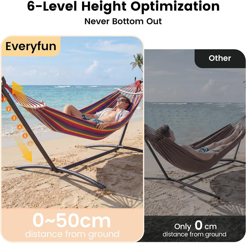 Double Hammock with Stand, 2 Person Heavy Duty Hammock with Steel Stand, 600 lbs Capacity Cotton Hammock for Outdoor