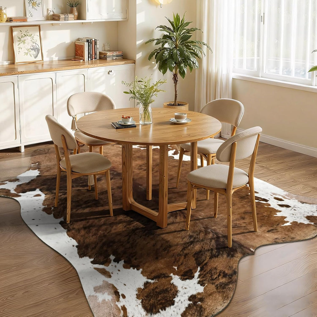 Faux Cowhide Print Rug, 4. .2 ft Brown Western Animal Cow Hide Rugs, Non Slip Cool Cow Skin Carpet Dining Room