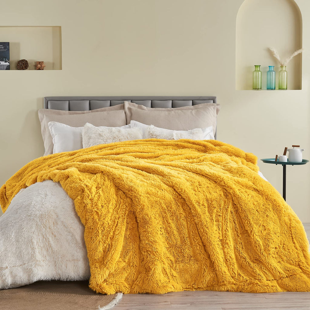 Fuzzy Faux Fur Queen Blanket for Couch, Mustard Yellow, 90"x90"
