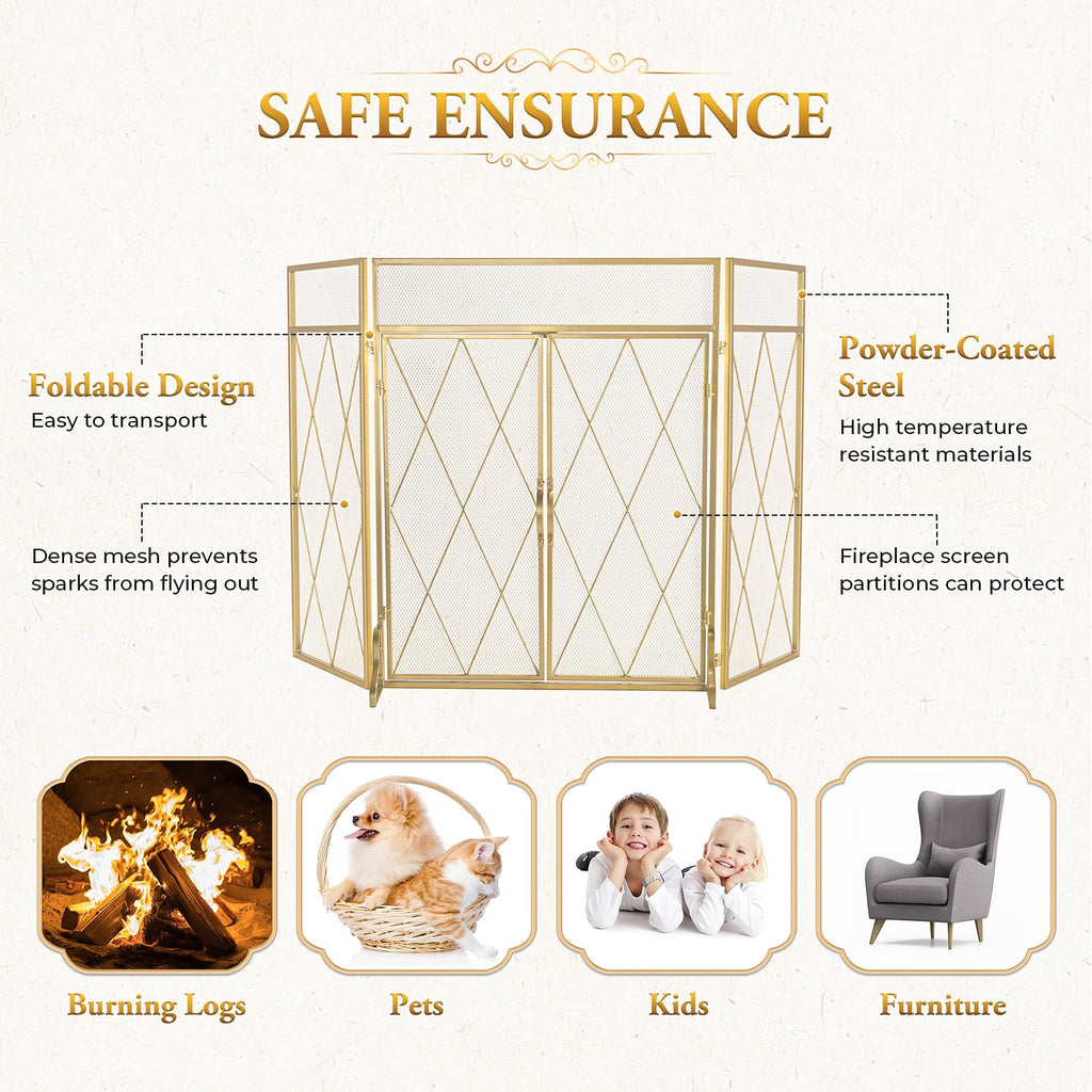 3-Panel Fireplace Screen with Double Doors, 50" x 32", Gold