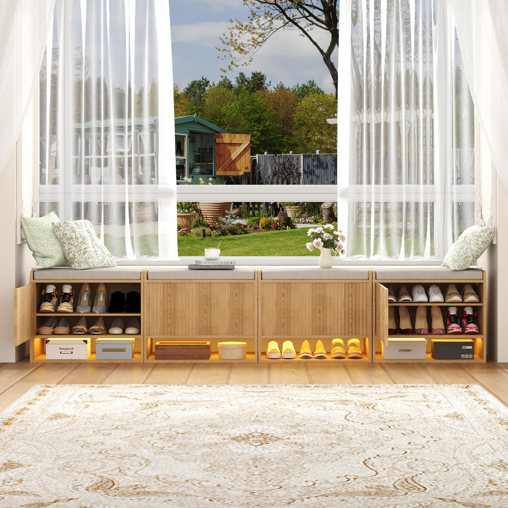23.6" Fluted Shoe Storage Bench, Small Entryway Bench with Linen Seat Cushion, Shoe Cabinet Bench with Adjustable