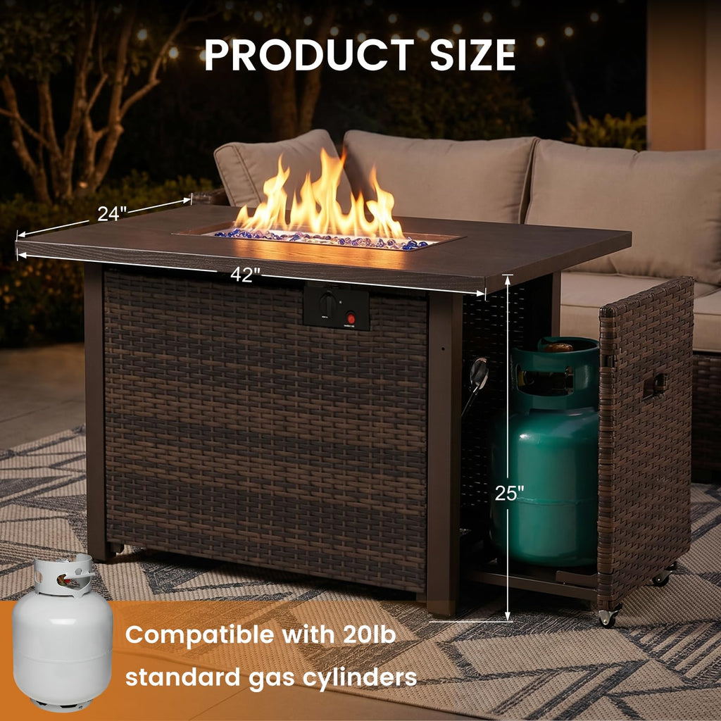 42in Propane Fire Pit 50, 000 BTU Gas Fire Pit Table Rectangle Gas, Outdoor 3-in-1 Fire Table, Yard, Balcony Rattan