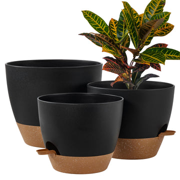 3-Pack Large Planter Pots, 12 10 9 Inch Self Watering Flower Pots for Indoor Outdoor Garden Plants, Black with Brown