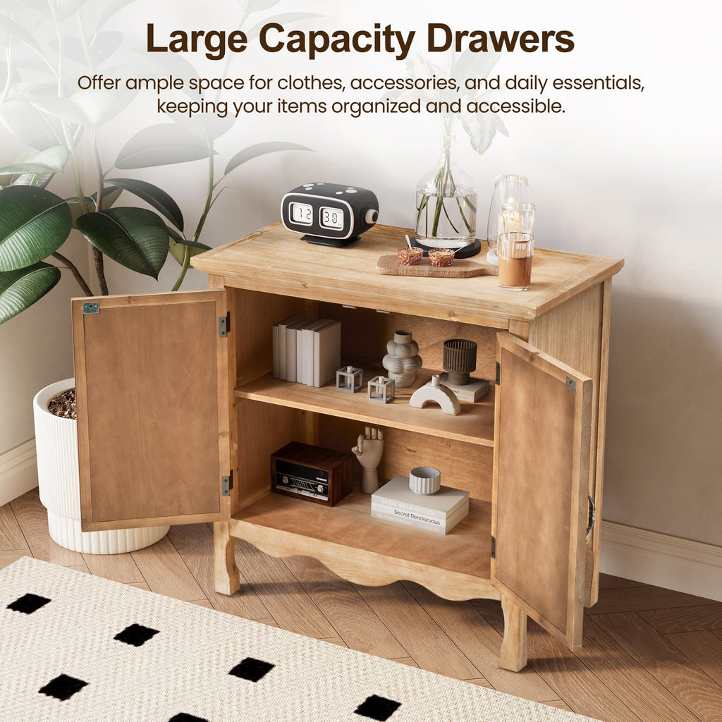 Sideboard Buffet Kitchen Storage Cabinet, Solid Wood Credenza Accent Cabinet, Cupboard Console Table with 2 Craved