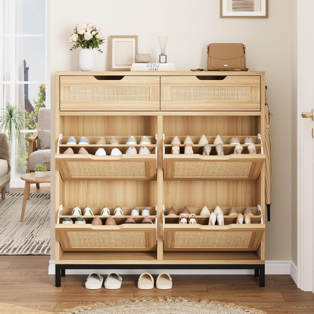 Rattan Shoe Cabinet, Boho Shoe Storage Cabinet with 4 Flip Drawers and 2 Drawers, Narrow Freestanding Shoe Rack with