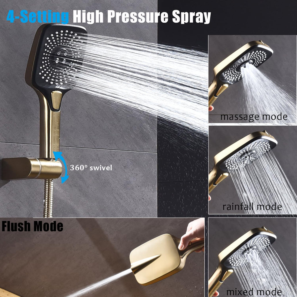 Shower Faucet Set with Tub Spout Brushed Gold 10 Inch Rainfall Shower 4 Setting Spray Mixer Shower System Modern