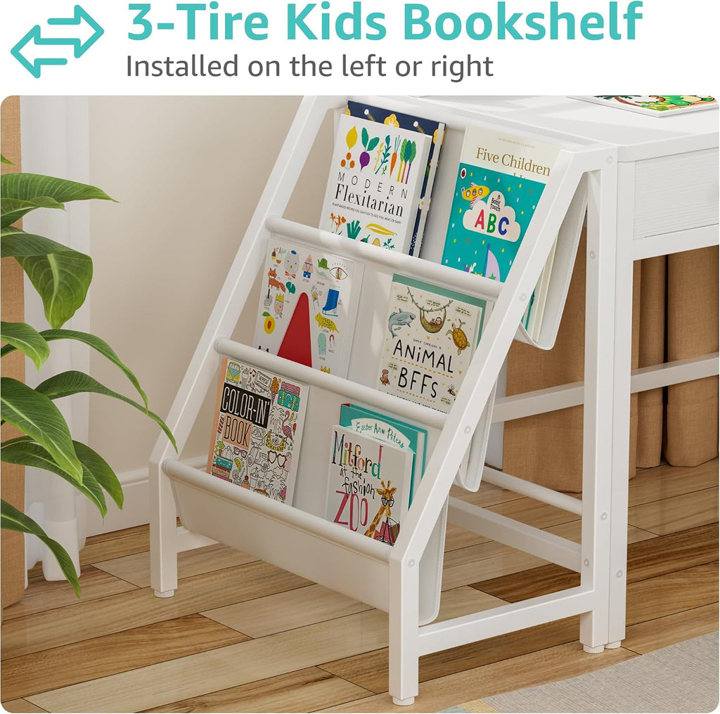 White Kids Desk and Chair Set for 5-8 Year Old Girls Boys, Small Child Desk with Bookshelf, Children Study Table