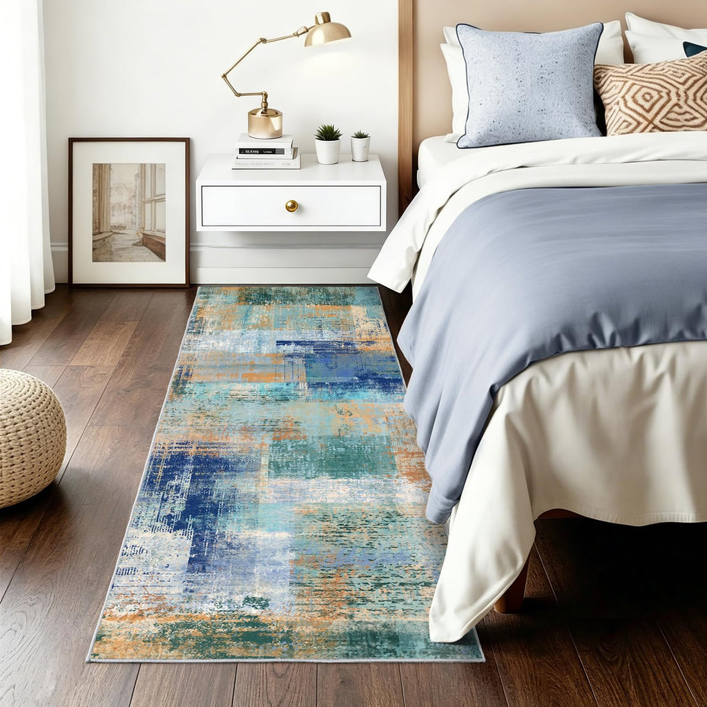Abstract Runner Rug Washable Runner Rugs Non-Slip Rug Blue Blocks