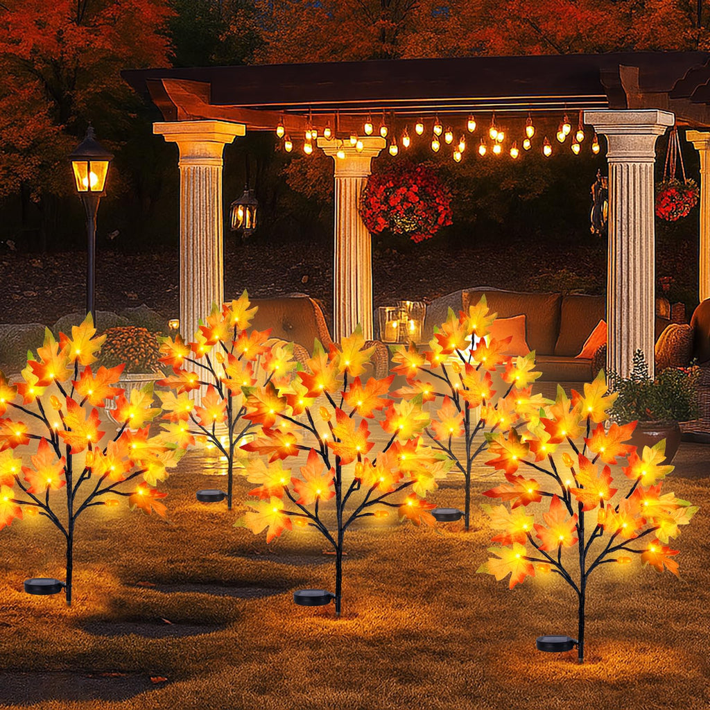 4PCS Solar Fall Lights Outdoor Decorative, 34" Fall Decor with Acorn Maple Leaf, 40LED Each with 8 Modes & Timer