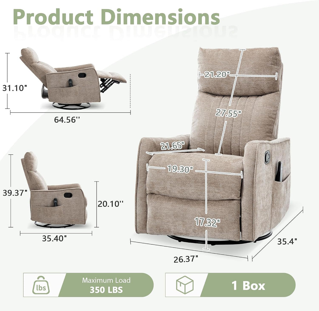 Swivel Rocker Recliner, Glider Rocker Recliner Chair, Manual Reclining Chair with Heated Massage, Small Spaces