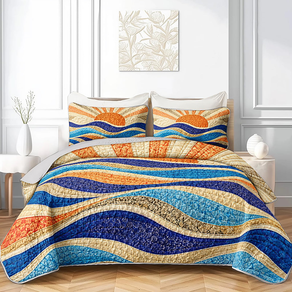 Retro Sun Ocean Wave Quilt Sets with 2 Pillowcases.