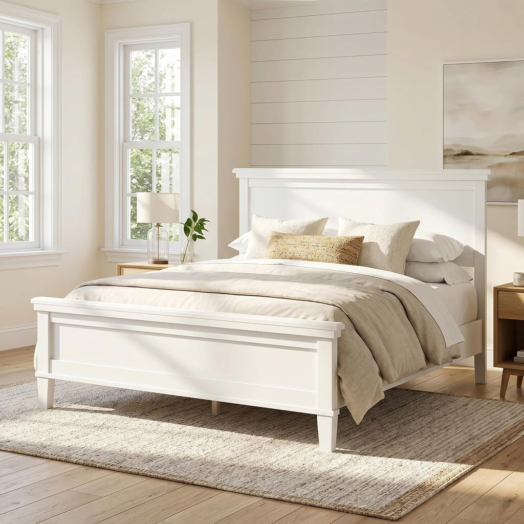 Queen Wood Platform Bed Frame with Headboard, Farmhouse Bed Frame, Mid-Century Modern Bedroom Furniture, Wood Slat