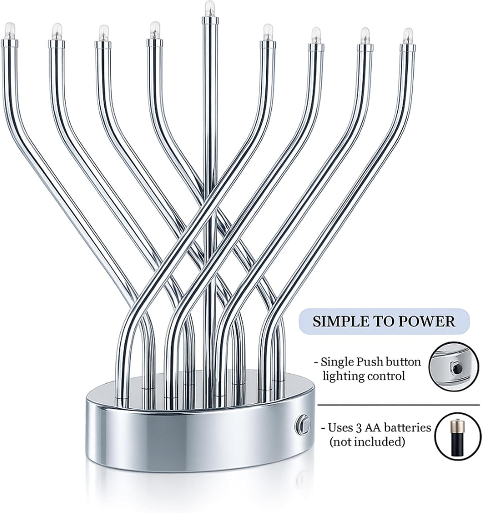 Hanukkah Silver Low Voltage Battery Powered Contemporary Metal Designed , LED Bulbs Electric, 10.6 Inches Tall