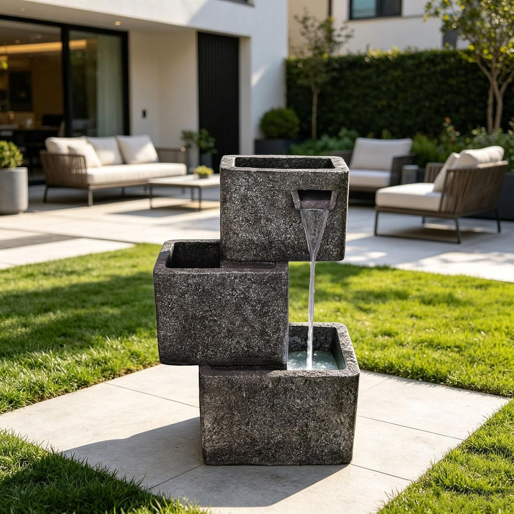 27.6" H Outdoor Modern Water Fountain, Floor Standing Indoor Waterfall Fountain, Outdoor Water Fountain with Lights