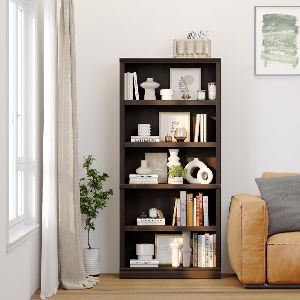 5-Shelf Tall Bookcase Wooden Bookshelves 33in Wide Floor Standing Display Storage Book Shelves 70 in Dark Cherry