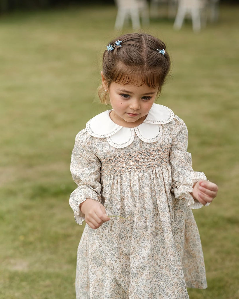Toddler Baby Girl Smocked Dresses with Flower Collar|Floral Print Long Sleeve Ruffle Dress with Belt