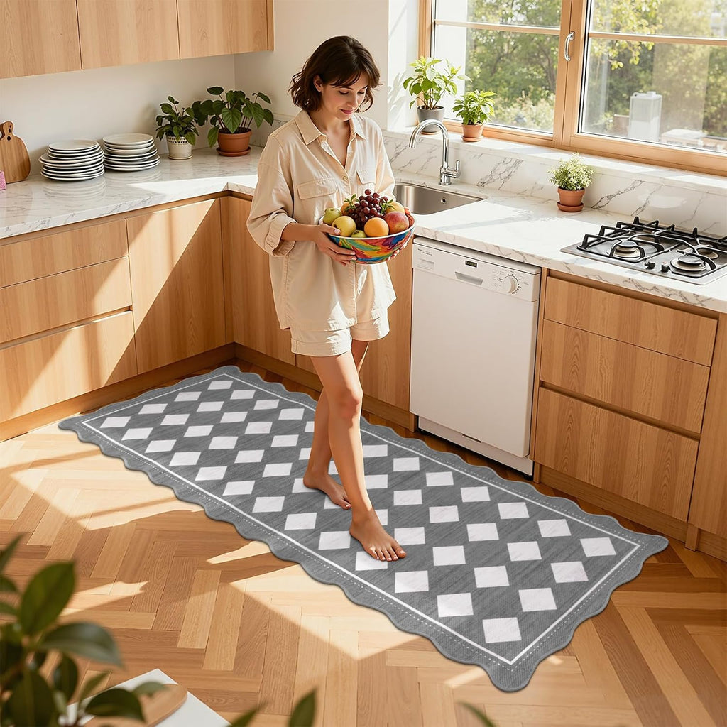 Checkered Hallway Runner Rug 2x6, Non Slip Washable Mat, Grey