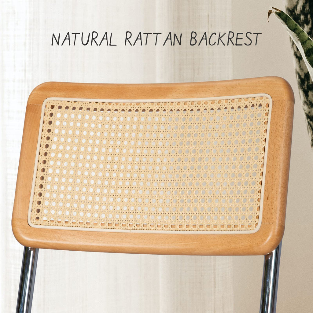 Rattan Dining Chair Set of 2, Mid-Century Modern Chairs with Metal Chrome Legs, Armless Cane Back Chairs with