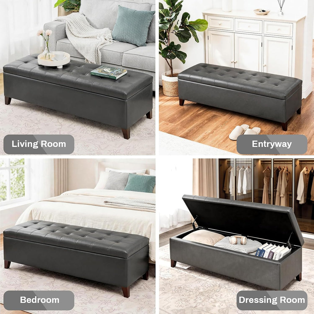 Ottoman with Storage 51" Faux Leather Storage Ottoman Bench | Upholstered Ottomans with Hinged Lid, Rectangle Long