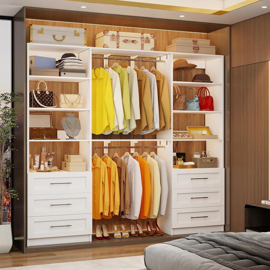 Closet System with 6 Wood Drawers, 6-12FT Closet Organizer System with Cuttable Shelves for Walk in Closet with 6