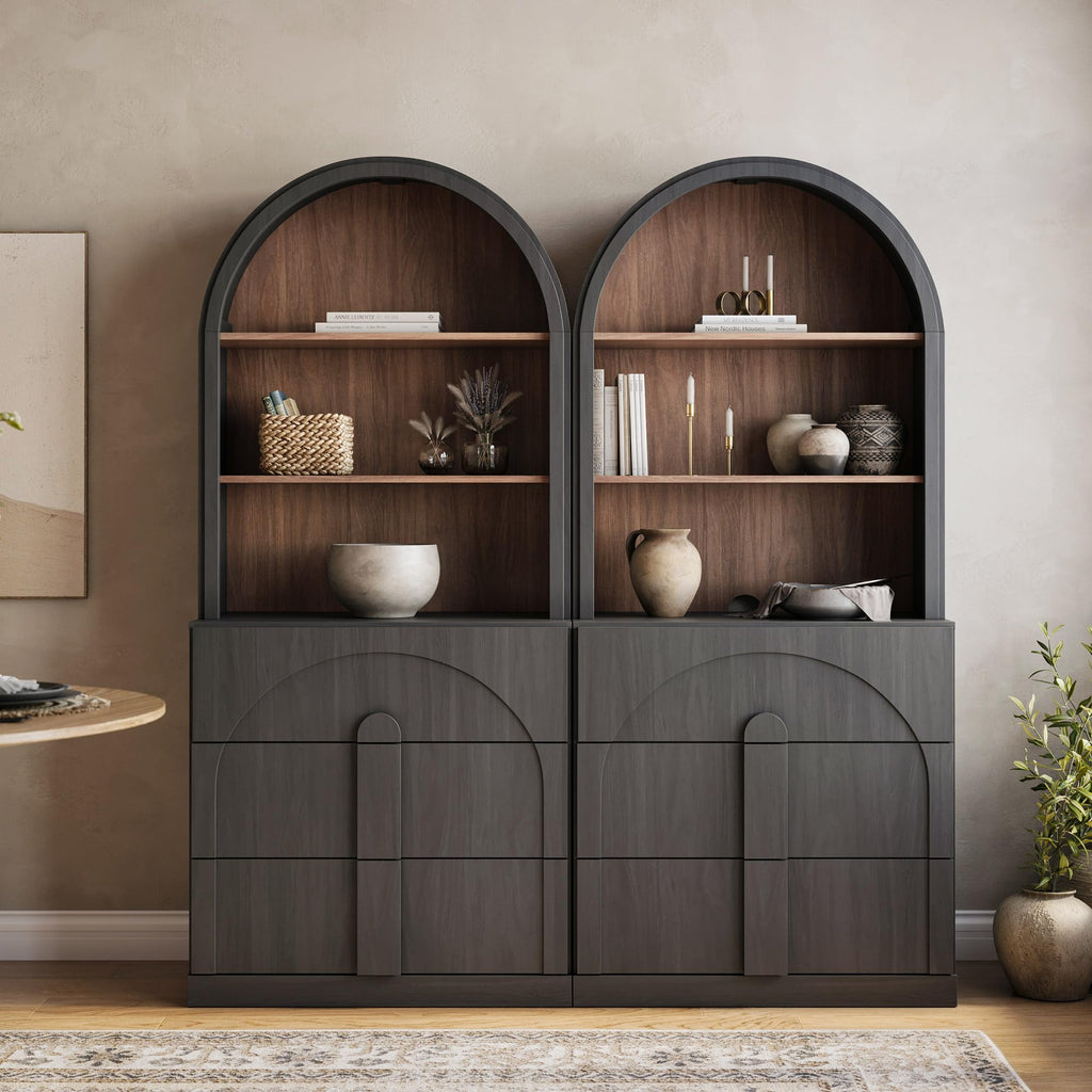 Arched Bookshelf with 3 Drawers Set of 2, 71" Tall Modern Wood Display Cabinet with Hutch, Modern Book Case Shelf
