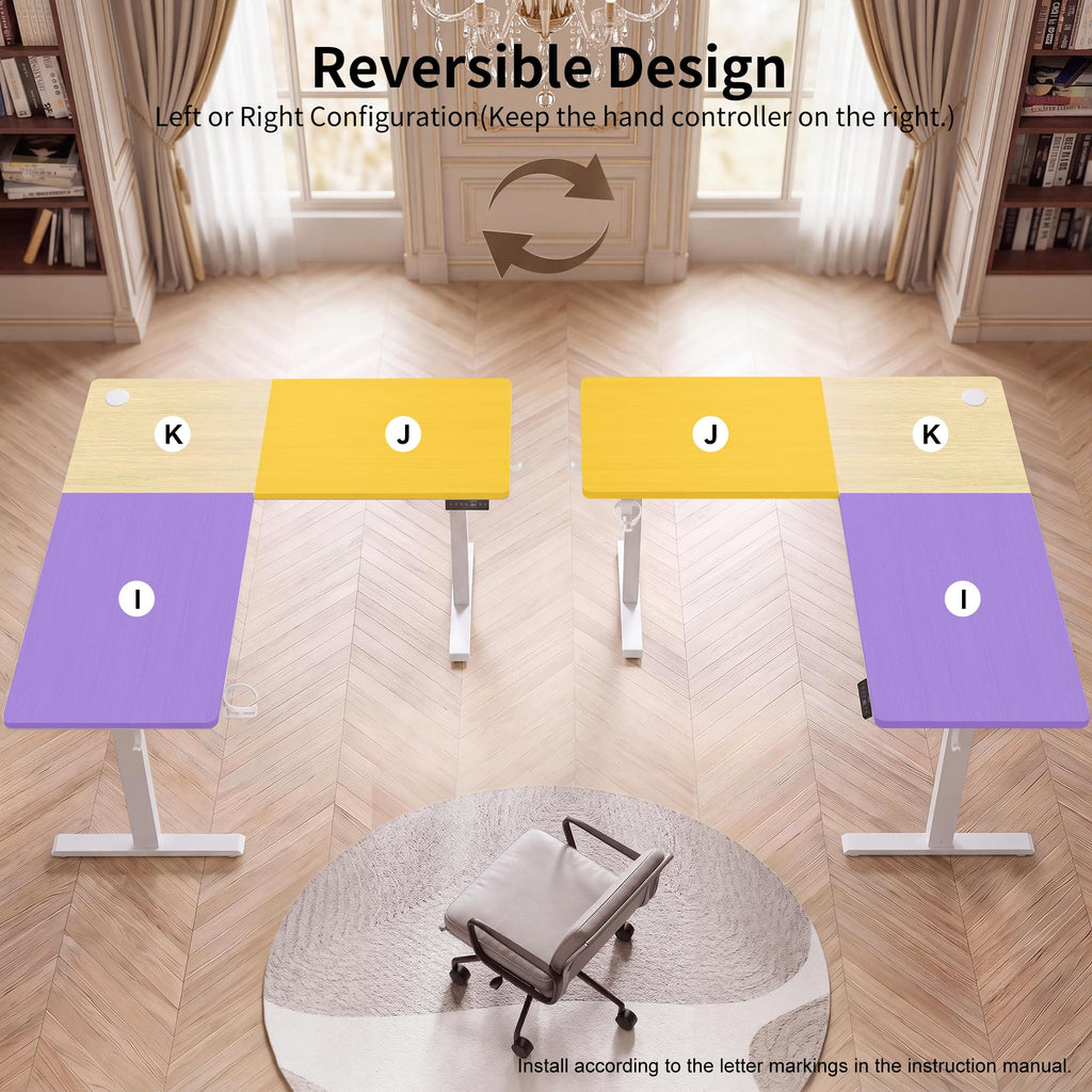 Reversible L Shaped Standing Desk Height Adjustable with Cup Holder, Electric Corner Computer Desk, Sit Stand up Home