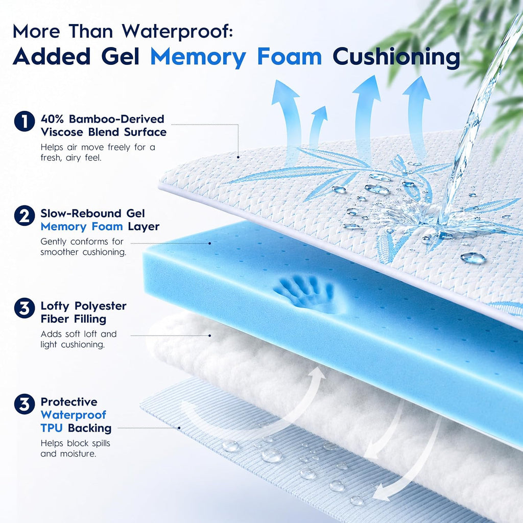 Waterproof Mattress Pad Full Size, Cooling Mattress Protector for Hot Sleepers Made with Bamboo Viscose, Cloud-Soft