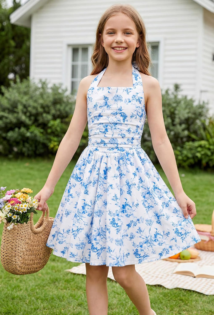 Girls Floral Summer Spring Halter Tie Back Dresses