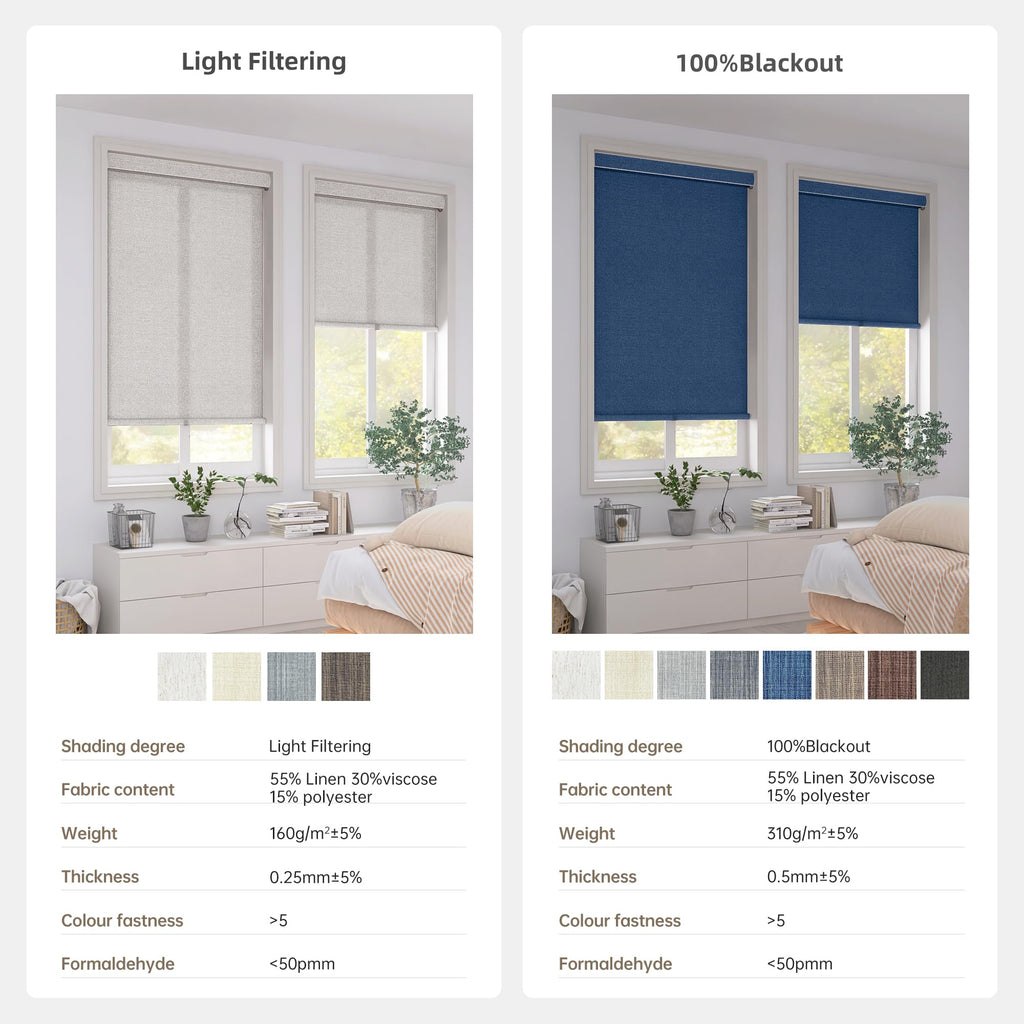 Linen Roller Shades, Cordless Roller Blinds, Blue, Custom Size