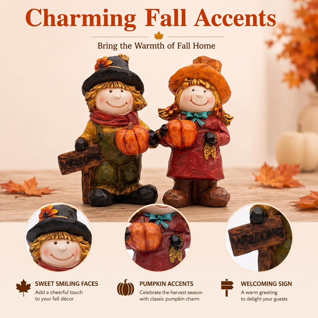 Fall Scarecrow Figurines Set of 2, Thanksgiving Pumpkin Decor