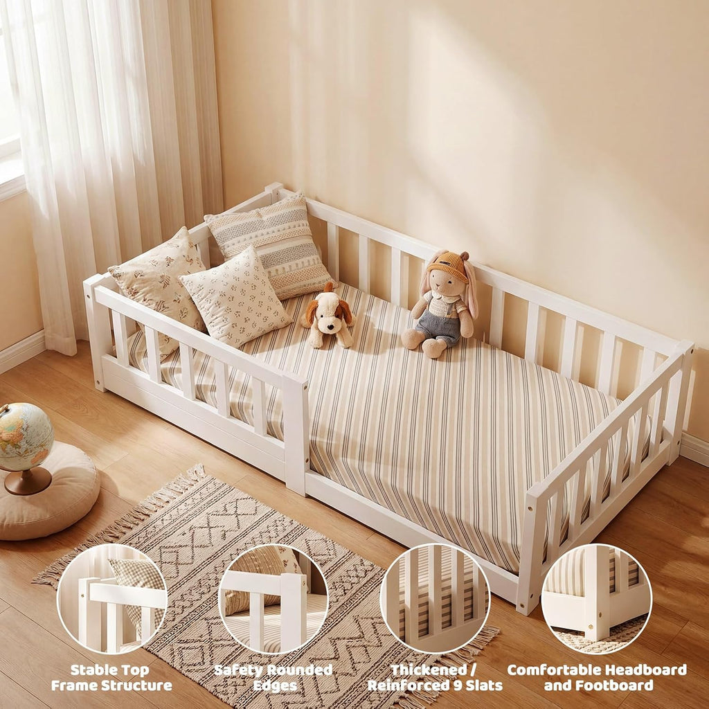 Toddler Bed, Toddler Floor Bed with Safety Guardrails, Wood Montessori House Bed with Roof, Low Toddler Bed Frame
