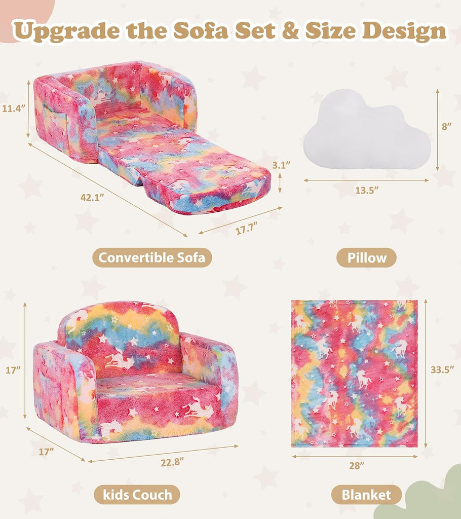 Kids Couch, in-1 Soft Toddler Couch Fold Out with Blanket and Cloud Pillow, Glow in The Dark, Toddler Chair Comfy