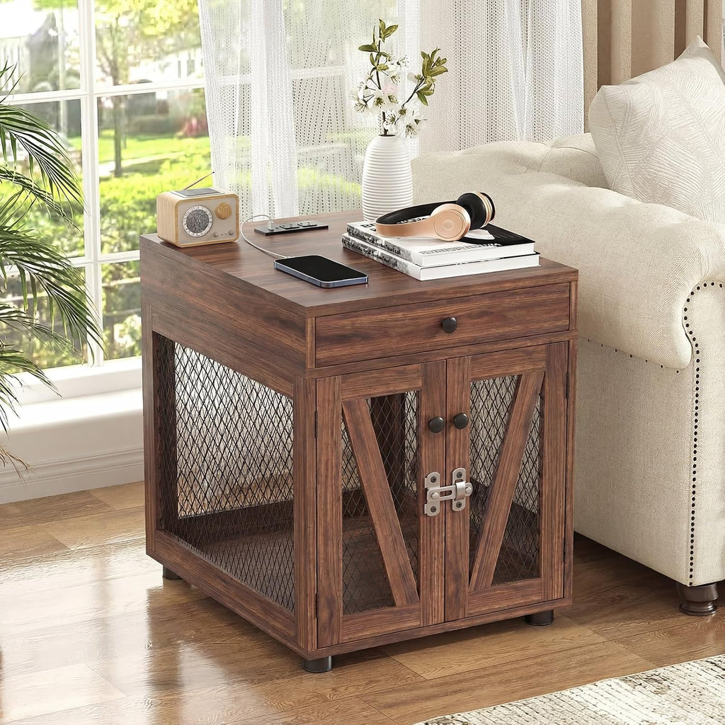 Wooden Dog Crate End Table with USB Charging Station, Walnut