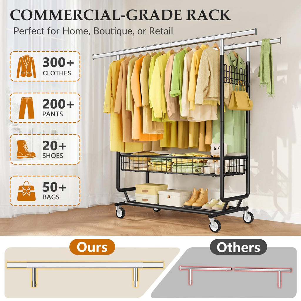 Clothes Rack Heavy Duty Load 1060 LBS with Wheels, Commercial, Black