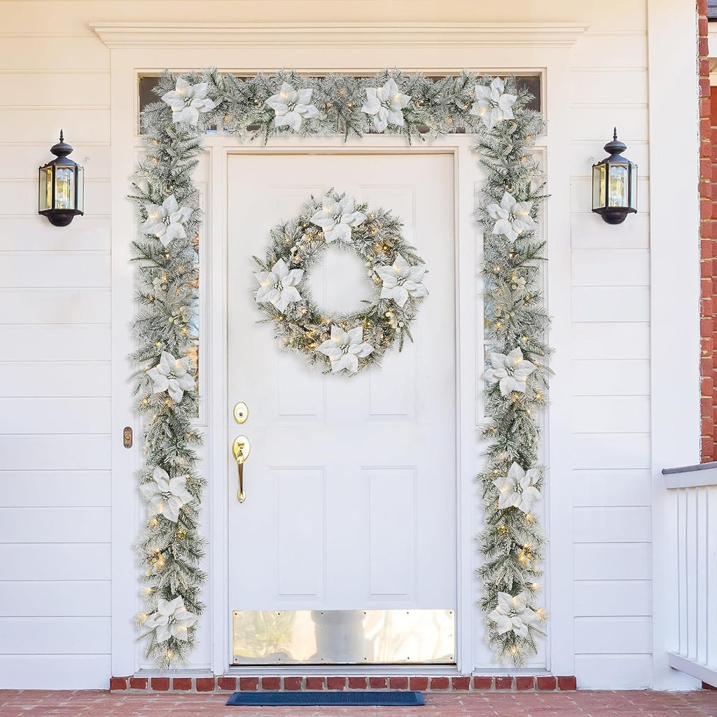 2PCS 9ft Christmas Garlands with Lights, Pre-Lit Snow Flocked Greenery Garlands Poinsettia Pine Garlands with 50 Warm