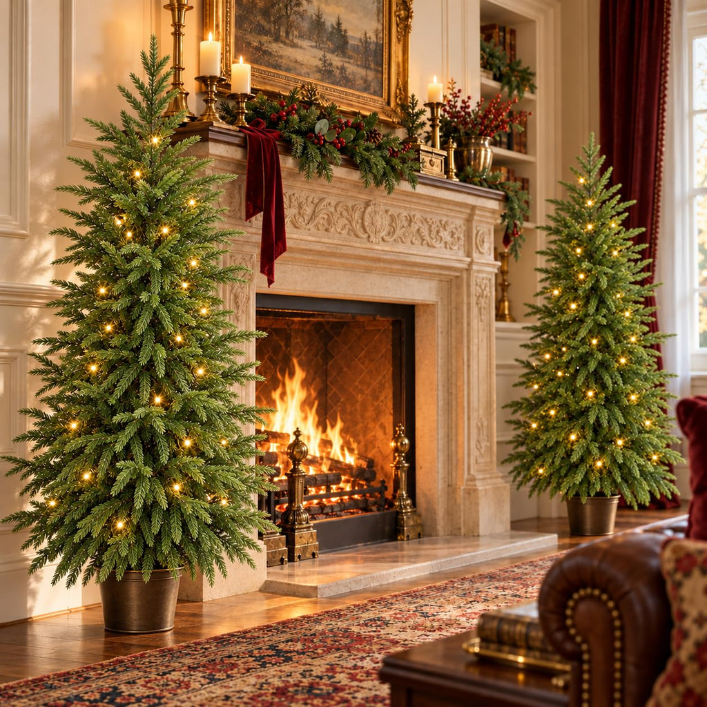 4FT Norfolk Pine Christmas Trees with Lights, 2Pack Potted Xmas Trees