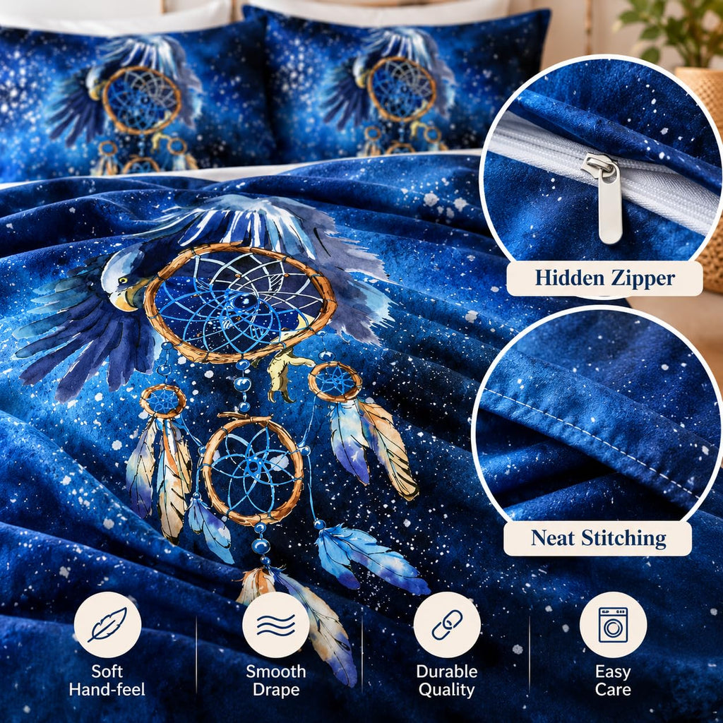 Blue Dream Catcher Full Duvet Cover Boho Style - Bohemian Bedding Set with Tribal Print - Soft Microfiber Boho