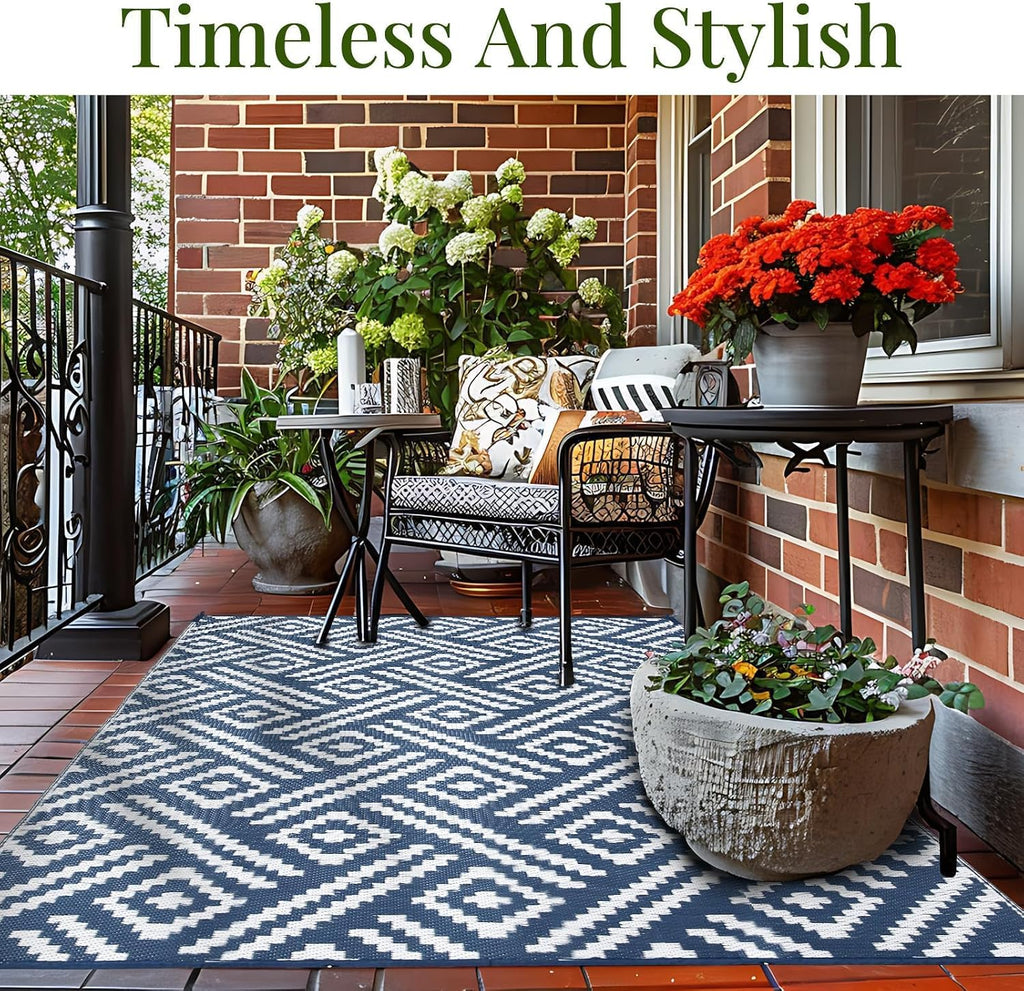 Outdoor Rug 9x12, Plastic Straw Rug, Navy & White