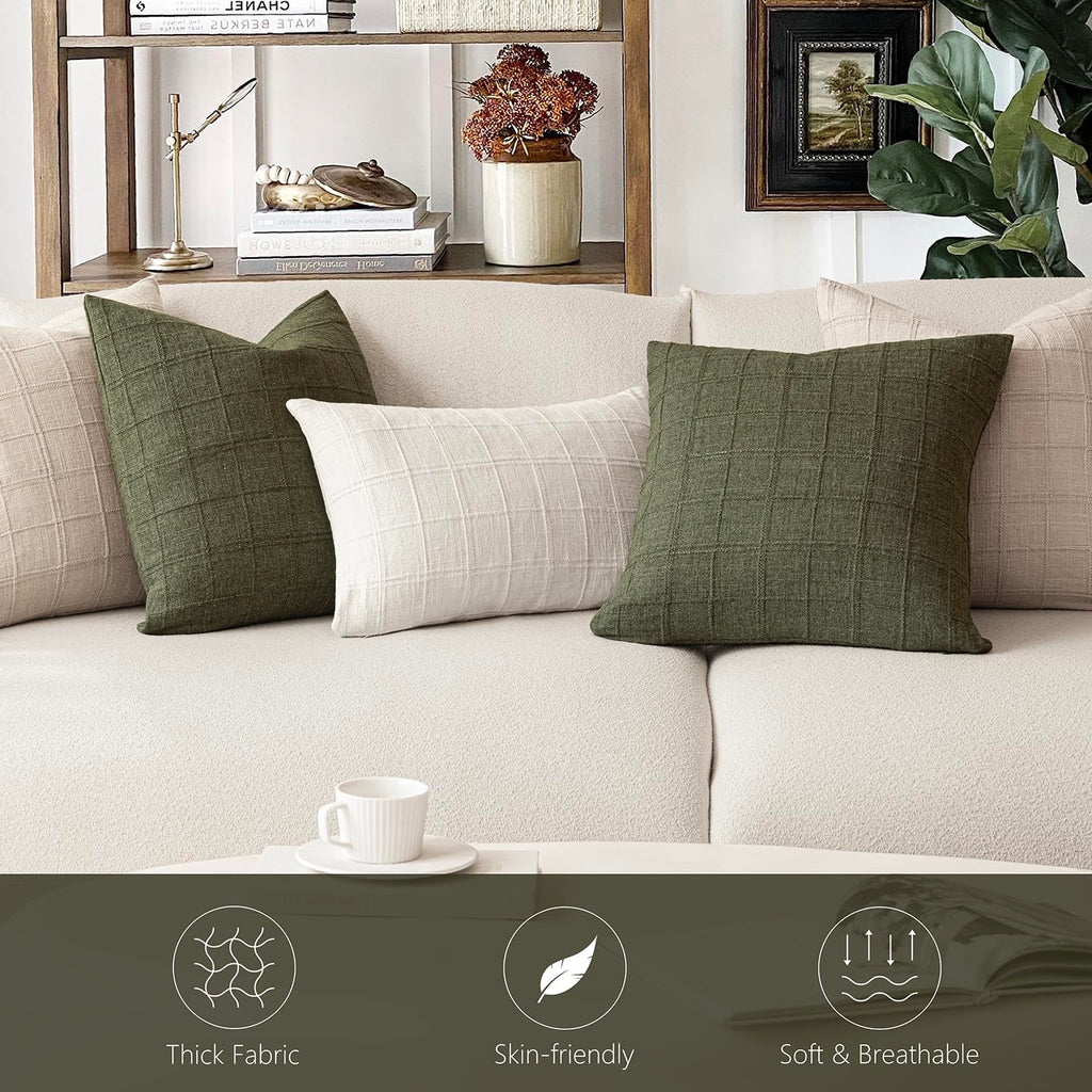 Boho Linen Check Decorative Throw Pillow Cover 20×20 Olive Green